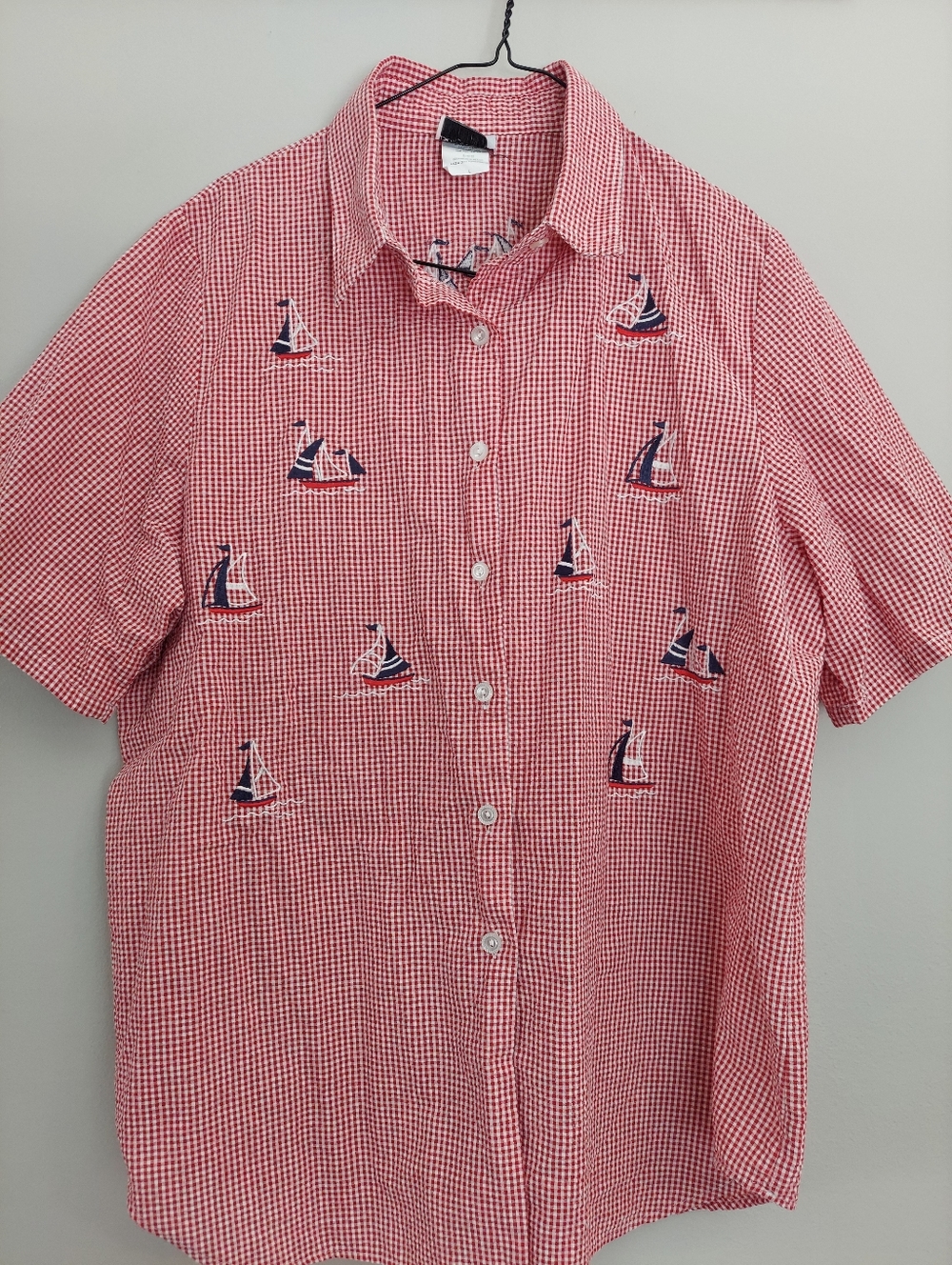 BonWorth Red & White Gingham Embroidered Sailboat Button-Up Shirt Blouse Sz L
